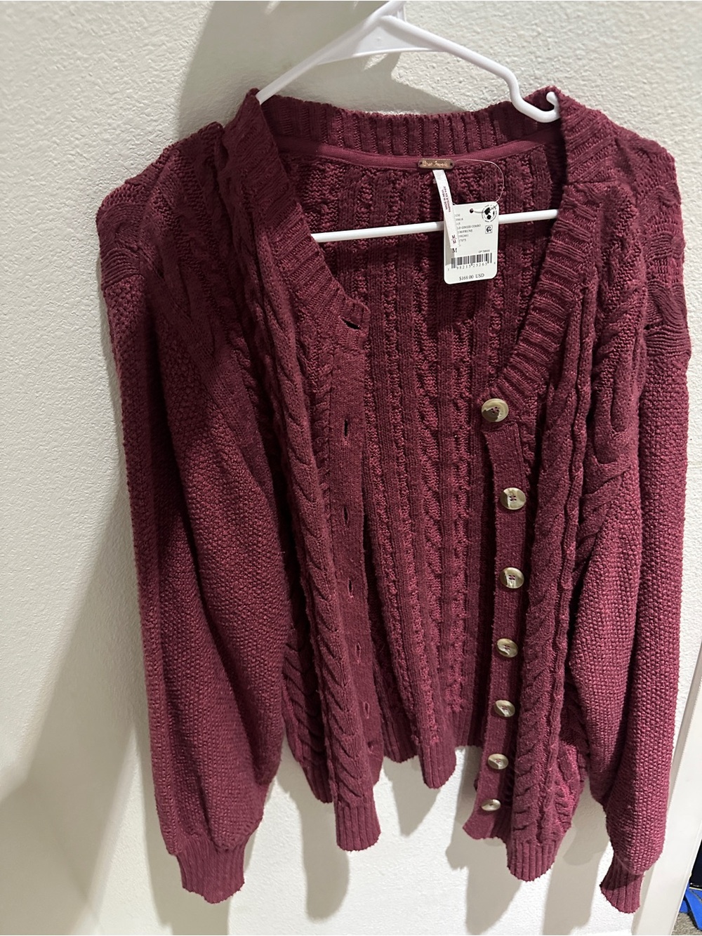 Free People Cable Knit Cardigan Sweater - Burgundy